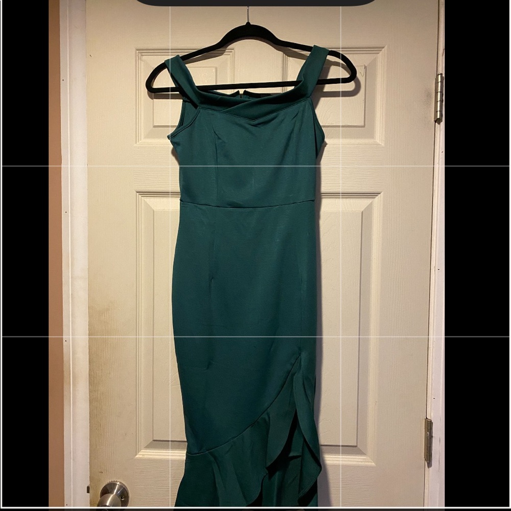 Forest green off shoulder wedding guest dress